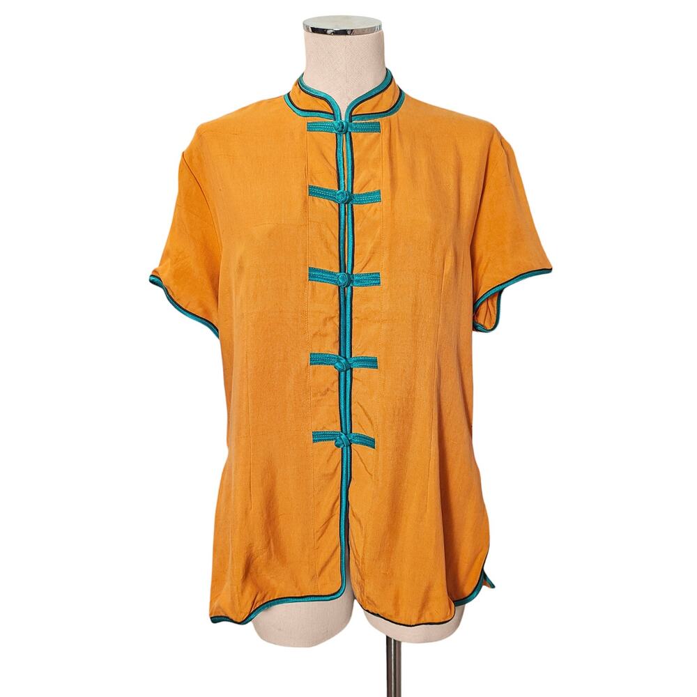 New Vintage KUNTO 100% Textured Silk Orange Asian Button  Shirt Top L